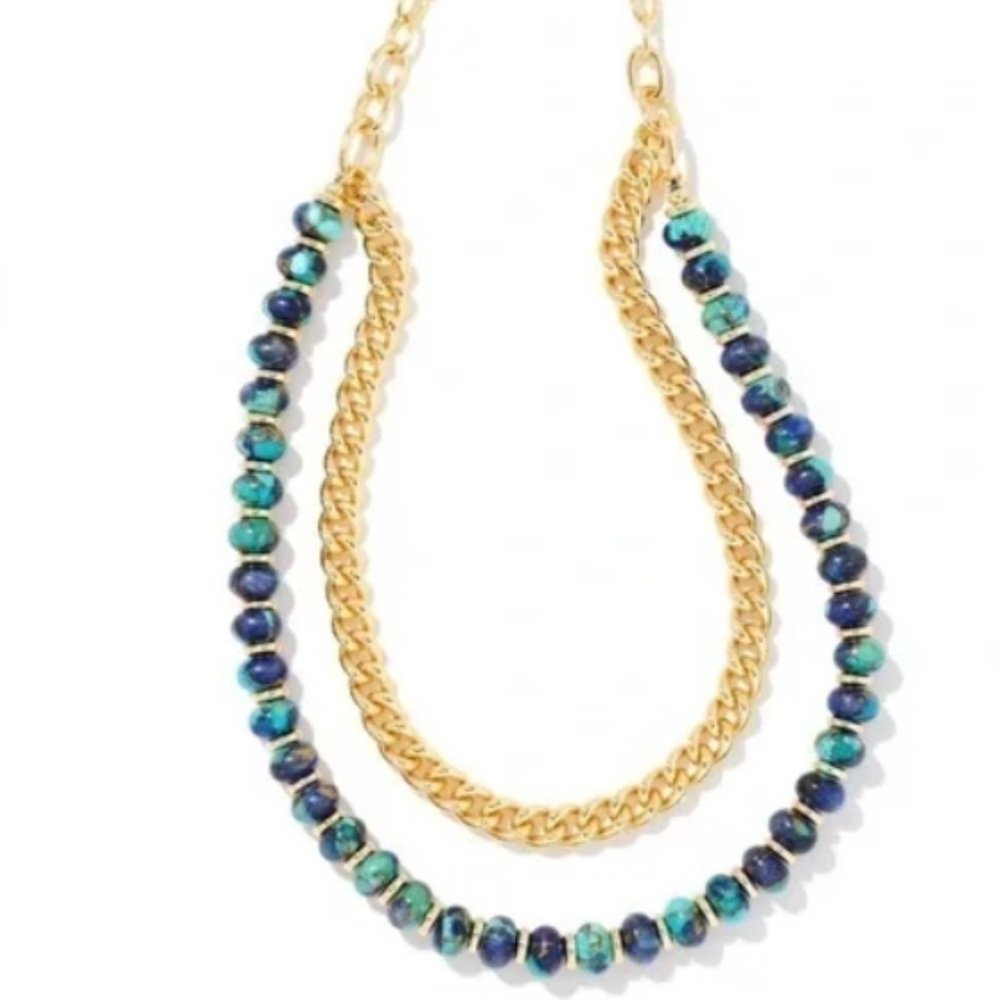 Kendra Scott "Rebecca" Gold Multi Strand Necklace. Bronze Veined Lapis Turquoise - Picture 3 of 9